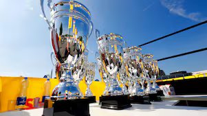 A collection of trophies at the Shell Eco-Marathon.